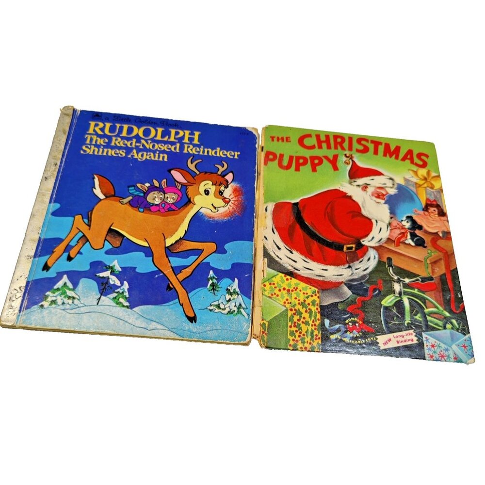 1950's 2 Wonder Books Christmas Santa Puppy Rudolph Hardcover Children's Books